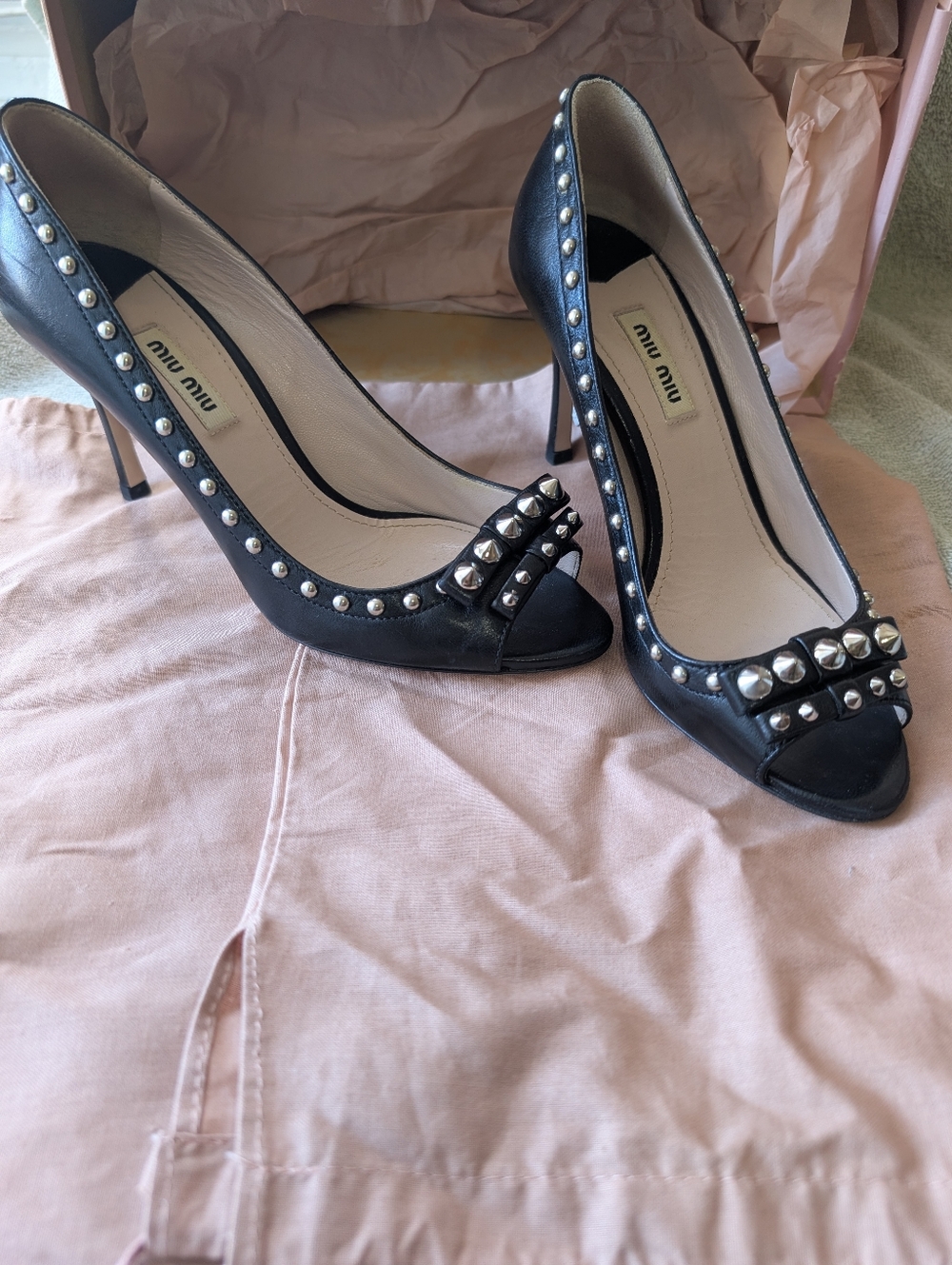 Miu Miu Heels  Black Nappa Leather Studded Pointed Toe Pumps W/ Box Size Size 37